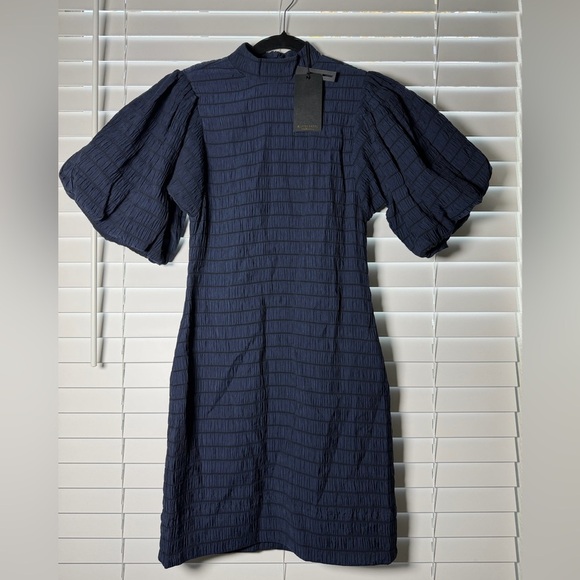 NWT Scotch & Soda Navy Mock Neck Smocked Puff Sleeve Mini Dress XS - Picture 2 of 8